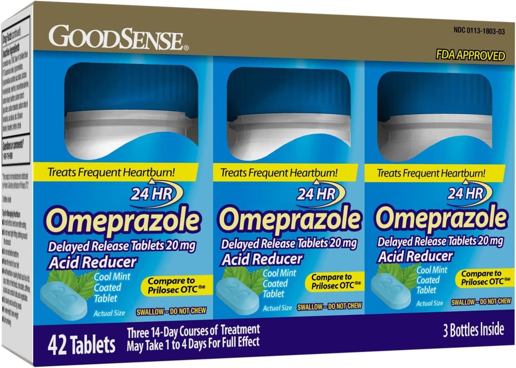 GoodSense Omeprazole Delayed Release Coated Tablets 20 mg, Cool Mint, Treats Frequent Heartburn, Acid Reducer, Heartburn Medicine, 42 Count