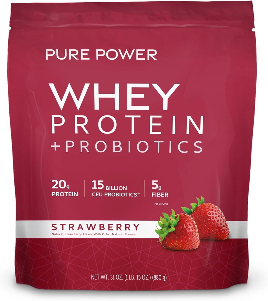 Dr Mercola Pure Power Whey Protein + Probiotiques - soutient la récupération musculaire et la santé digestive - Whey aux pâturages - MCT et fibre - Vanille - 31 oz (22 portions) - Fraise