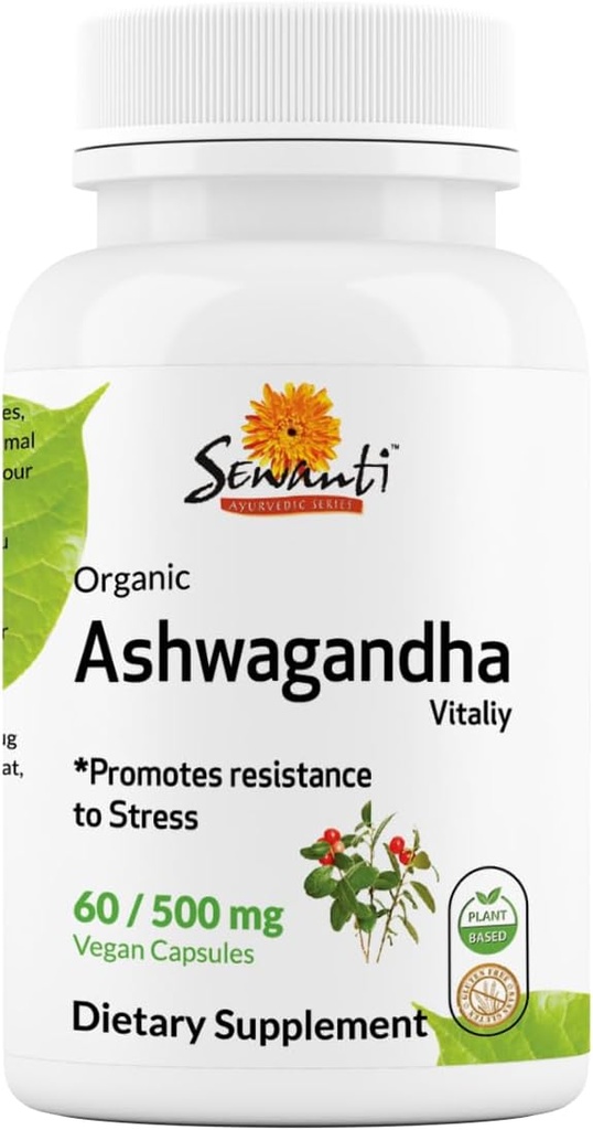 Sewanti Capsules d'Ashwagandha Biologique - Natural Stress Relief & Energy Boost - Supplément diététique Extrait de haute puissance 60 Capsules végétaliennes - 500mg