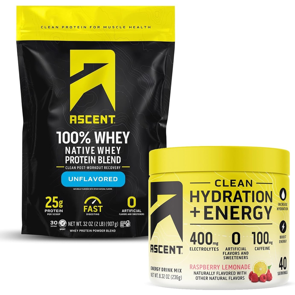 Ascence 100% poudre de protéines de lactosérum, sans aromatisé 2 lb & hydratation + électrolytes d'énergie, citronnade de framboise 40 portions