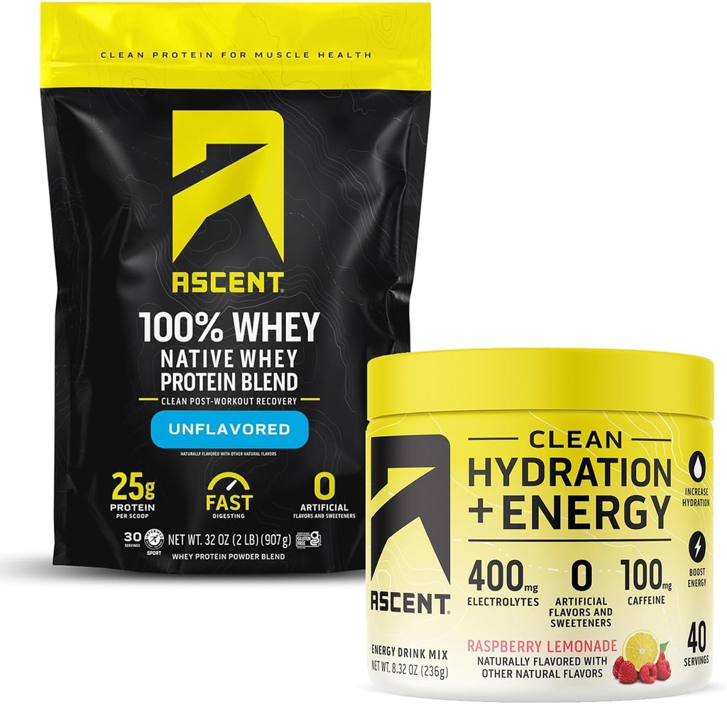 Ascent 100% Whey Protein Powder, Unflavored 2 lb & Hydration + Energy Electrolytes, Raspberry Lemonade 40 Servings