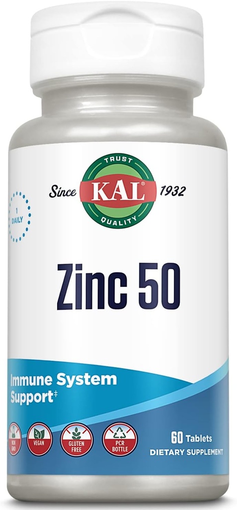 KAL Zinc 50mg Complexe acide hydroxy, métabolisme sain et supplément de soutien immunitaire avec l'orotate de zinc, citrate de zinc, absorption accrue avec/ActiSorb, végétalien, sans gluten, sans OGM, 60 portions, 60 comprimés