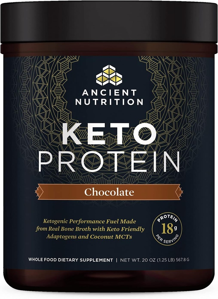Ancient Nutrition Poudre de protéines de Keto, KetoPROTEIN avec les graisses de la moelle osseuse et de l'huile MCT, Chocolat, 18g Protéine 10g de graisse par portion, sans gluten, faible teneur en glucides, paléofriendly, 17 portions