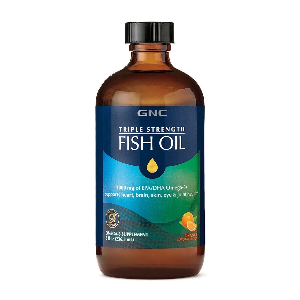 GNC Triple Strength Fish Oil Liquid Supplement, Wild Deep Ocean Caght. avec 1000mg EPA DHA Omega 3s, pour, Cœur, Cerveau, Peau, Oeil, Santé articulaire, Arôme Orange Naturel, 8 Fl Oz, 47 portions