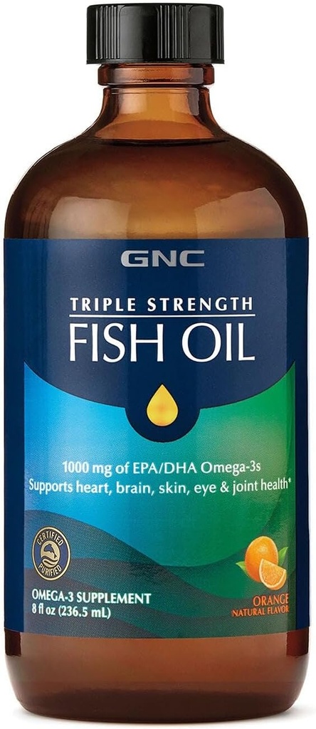 GNC Triple Strength Fish Oil Liquid Supplement, Wild Deep Ocean Caght. avec 1000mg EPA DHA Omega 3s, pour, Cœur, Cerveau, Peau, Oeil, Santé articulaire, Arôme Orange Naturel, 8 Fl Oz, 47 portions