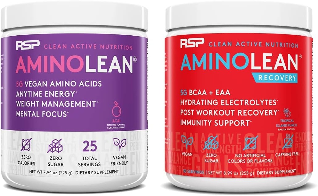 RSP NUTRITION Vegan AminoLean Pre Workout Energy (Acai 25 Servings) with AminoLean Recovery Post Workout Boost (Tropical Island Punch 30 Servings)