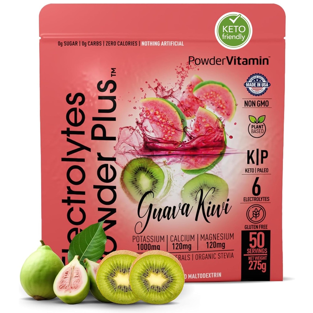 PoudreVitamine Electrolytes Poudre Plus (50 portions) Guava Kiwi Electrolyte Poudre Zéro Calorie Keto, 0 Sucre, Pas de Maltodextrine,1000mg Potassium,120mg Calcium,120mg Magnésium, Powde d'hydratation