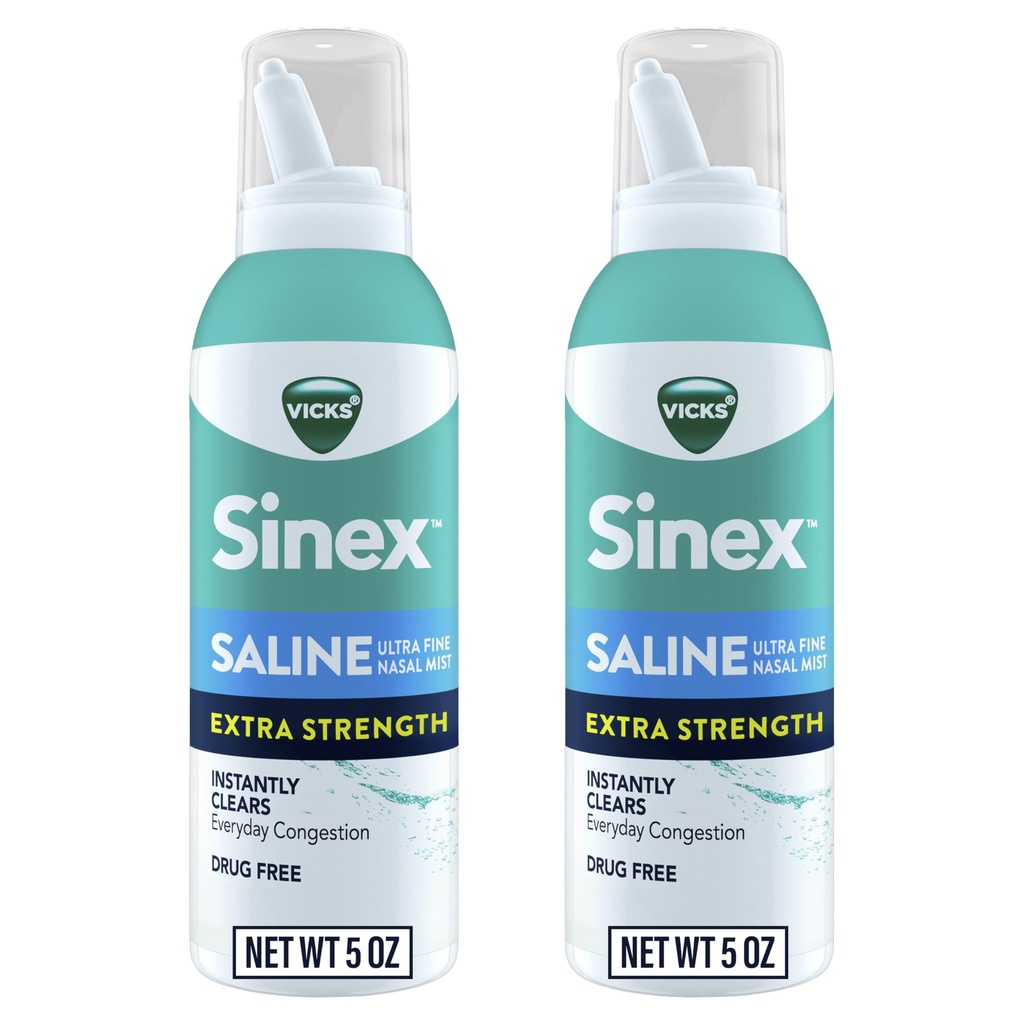 VICKS Sinex Saline Extra Strength Nasal Spray, 3X Concentré* sans médicament ultra fin brume, efface instantanément le mucus, ultra concentré à clair congestion rapide, sûr pour une utilisation quotidienne, 5 OZ x 2