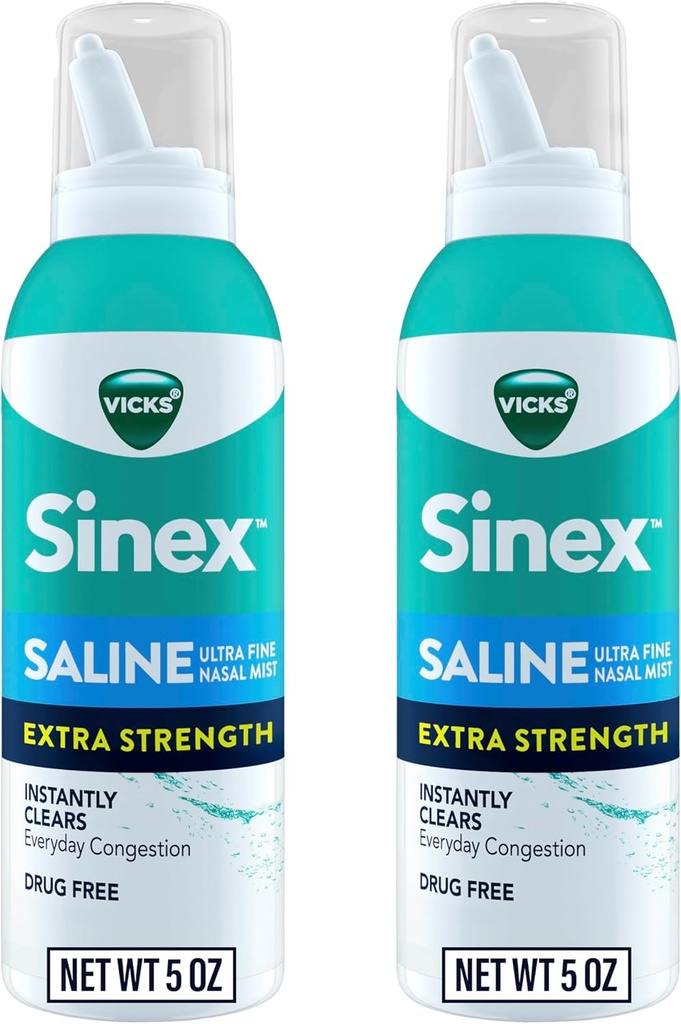 VICKS Sinex Saline Extra Strength Nasal Spray, 3X Concentré* sans médicament ultra fin brume, efface instantanément le mucus, ultra concentré à clair congestion rapide, sûr pour une utilisation quotidienne, 5 OZ x 2