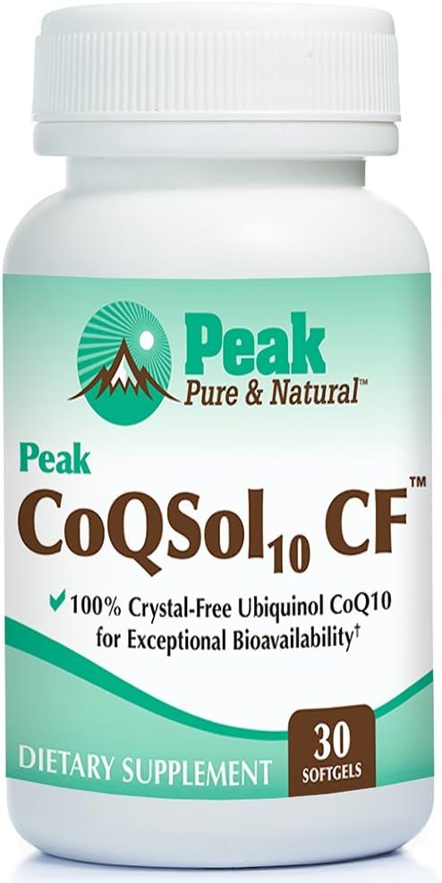 Peak CoQSol10 CF - Coenzyme Ubiquinol 100% sans cristalQ10 pour une biodisponibilité accrue - Ubiquinol CoQ10 - Booster d'énergie naturelle - Soutient l'immunité, le cerveau et la santé cardiaque (30 Softgels)