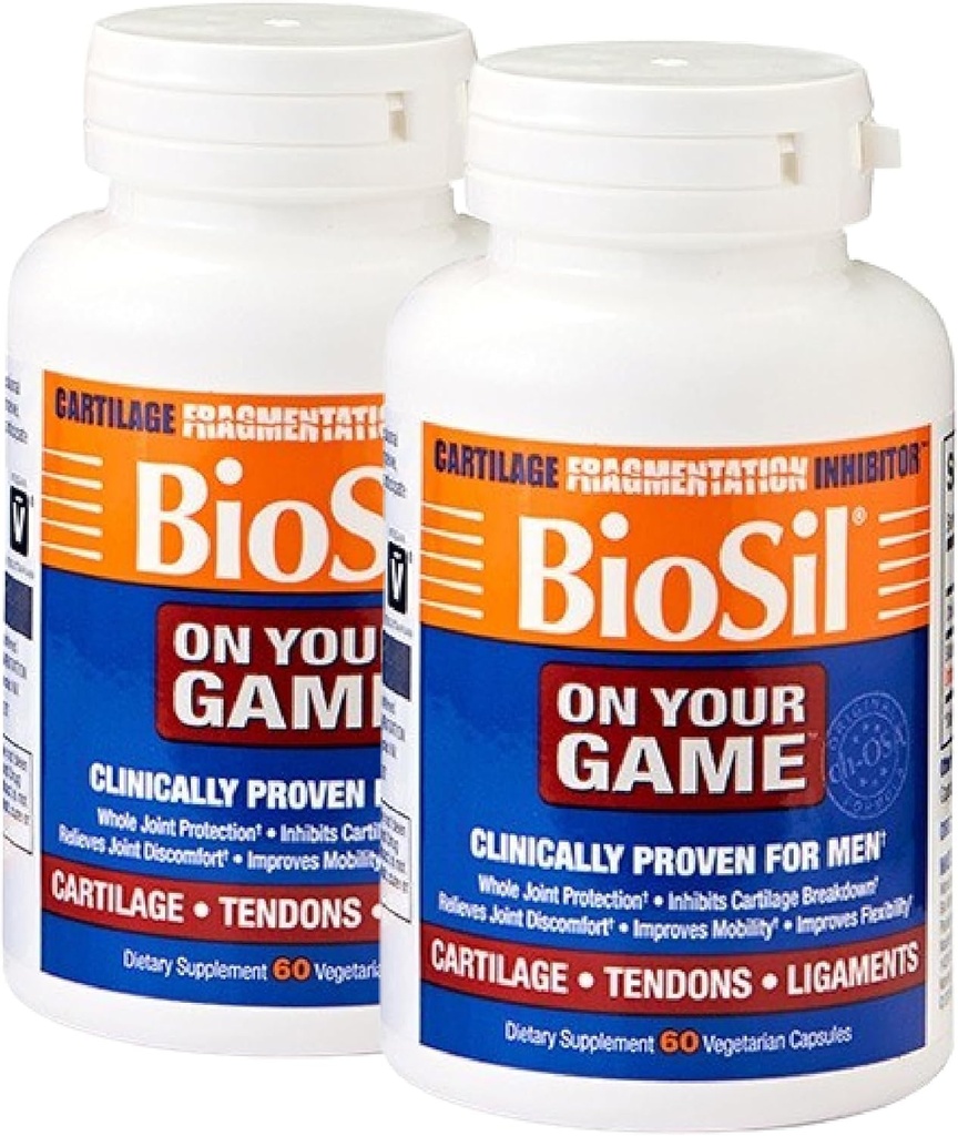 Biosil sur votre jeu - 60 Capsules Veggie, Pack de 2 - avec complexe breveté ch-OSA - Augmenter la production de collagène pour soulager la douleur articulaire, la flexibilité et la portée de mouvement - OGM Gratuit - 60 jours d'approvisionnement