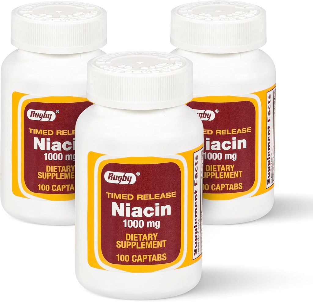 Rugby Timed-Release Niacin 1000mg Supplément alimentaire pour adultes pour l'énergie, la circulation et le métabolisme, 100 Captabs (paquet de 3)