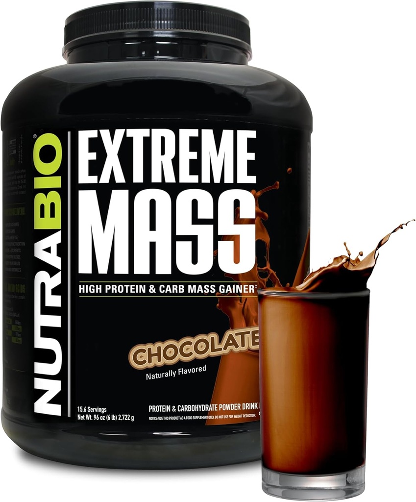 NutraBio Extreme Mass Gainer Protéines Poudre, Protéines 53G, Gaineur de poids propre, Augmenter la masse musculaire, Acide amino plein spectre - Chocolat, 6 livres