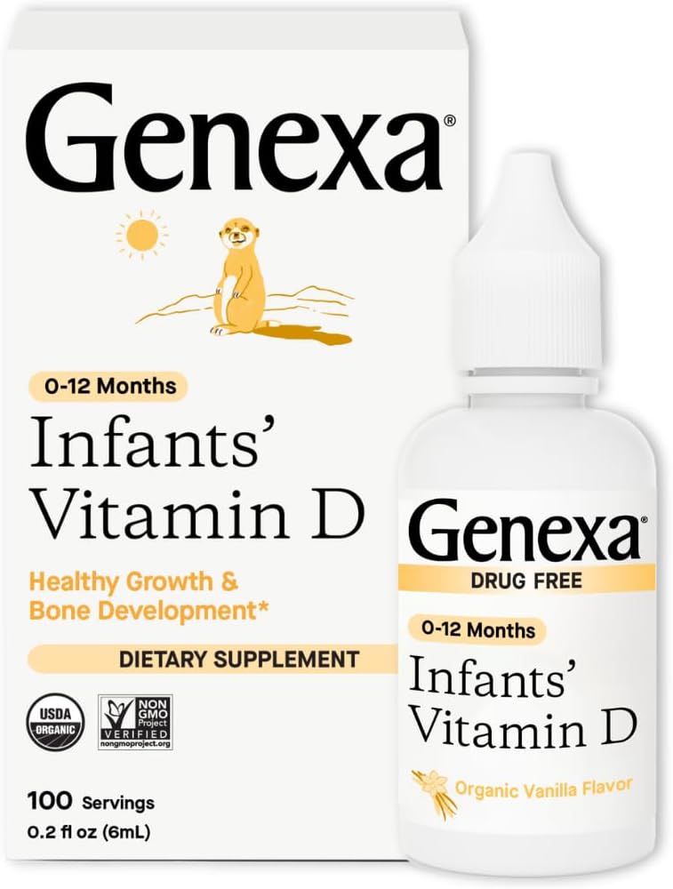 Genexa Infants Vitamin D Liquid Drops for Newborn, Baby & Toddler | Supports Growth & Bone Development | Delicious Organic Vanilla Flavor | Certified Organic, Gluten Free, & Non-GMO | 90 Servings