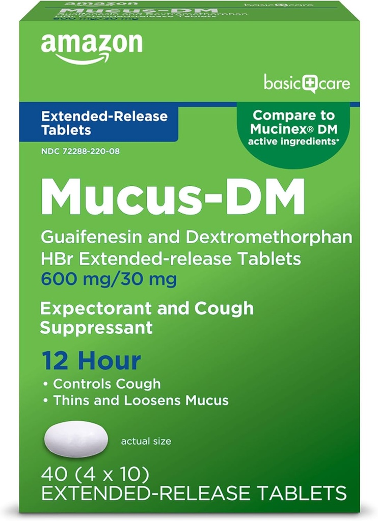 Soins de base Mucus Relief DM,12 heures Guaïfènesine et dextrométhorphane Hydrobromure Comprimés à libération prolongée, 600 mg/30 mg, 40 Nombre (paquet de 1) (paquet peut varier)
