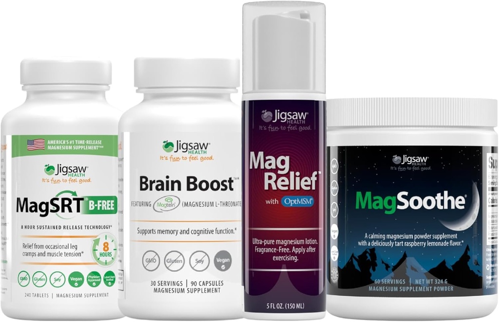 Jigsaw Health Ultimate B-Free Magnesium Bundle.com MagSRT (B-Free), 240 comprimés, booster le cerveau, 90 capsules, MagRelief, 5 onces (Lotion), et MagSoothe (Lémonade aux framboises), 60 portions (Jar)