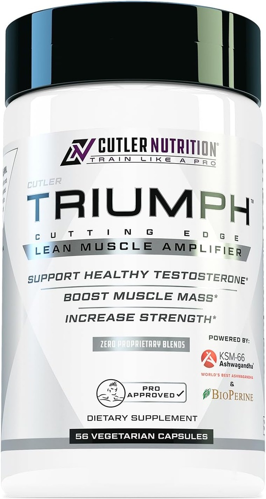 TRIUMPH Booster testostérone pour les hommes: meilleur booster test et bloqueur estrogénique pour les hommes avec DIM, KSM 66 Ashwagandha, et Boron Citrate, construire la masse et la force musculaire naturelle maigre, 56 capsules Veggie