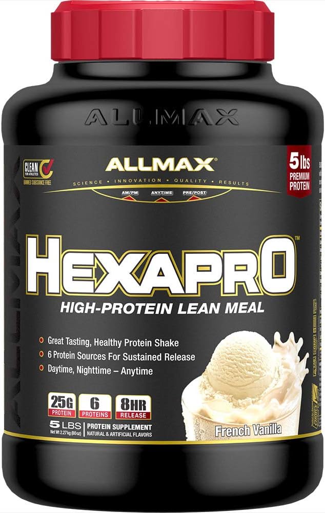 ALLMAX Nutrition HEXAPRO, Vanille française - 5 lb - 25 grammes de protéines par portion - Libération prolongée de 8 heures - Zéro sucre - 52 portions