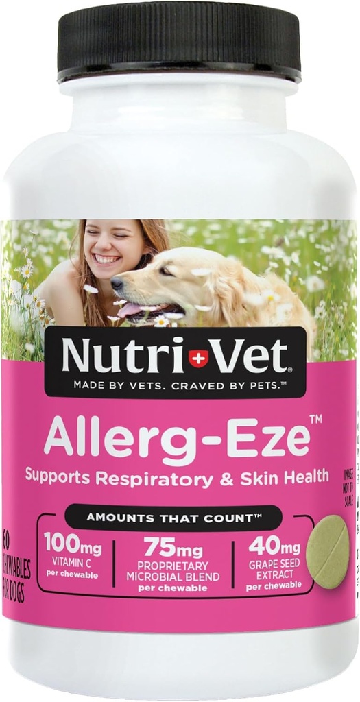 Nutri-Vet Allerg-Eze Chewables pour chiens, antioxydants et acides gras oméga-3, supplément de soulagement de l'allergie, soutient la peau, le manteau et la santé respiratoire, 60 comte