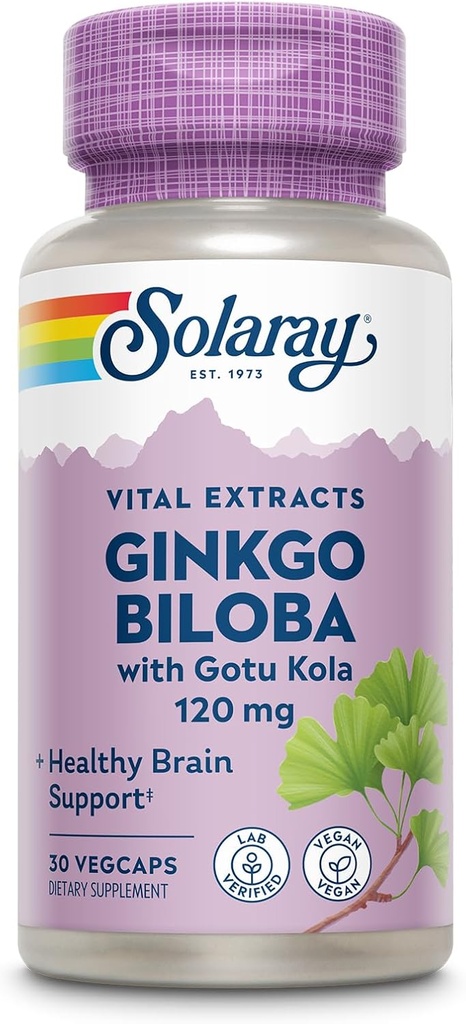 SOLARAY Ginkgo Biloba Extract with Gotu Kola - Ginko Biloba Capsules for Brain Health Support - Vegan, Lab Verified, 60-Day Guarantee - 60 Servings, 60 VegCaps (30 VegCaps)