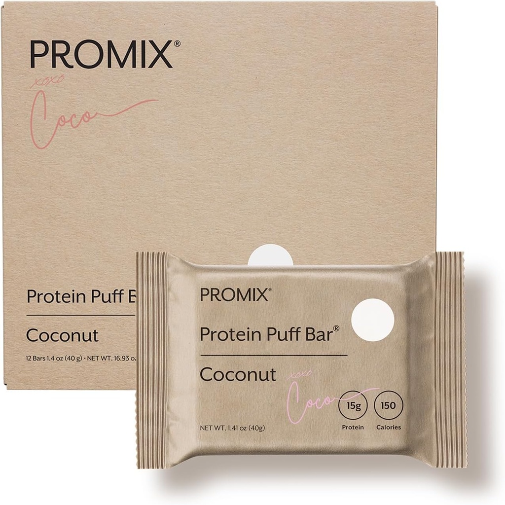 ProMix Nutrition Puff Bars - Coconut - Marshmallow Crispy Treat - Grande dégustation et santé sur le go Snack - haute protéine et faible teneur en calories - sans gluten, soja et maïs - 12 barres