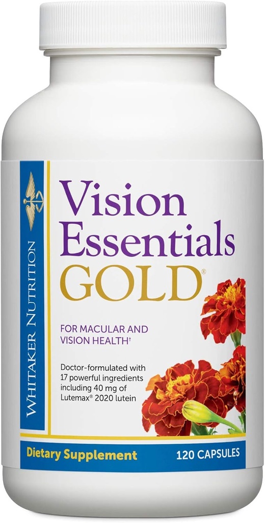 La vision du Dr Whitaker Essentials Gold - Supplément santé oculaire avec 40 mg de Lutéine Plus, Zeaxanthin et Taurine - soutient la santé maculaire et les boucliers Yeux contre l'exposition à la lumière bleue (120 capsules)
