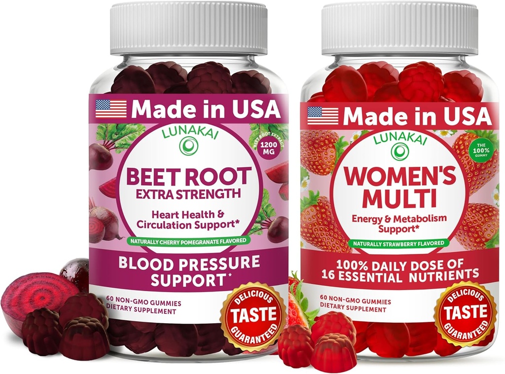 Lunakai Racine de betterave et les femmes Multivitamine Gummies Bundle 100% Valeur quotidienne de 16 vitamines et minéraux essentiels (vitamines A,B,C,D,E)