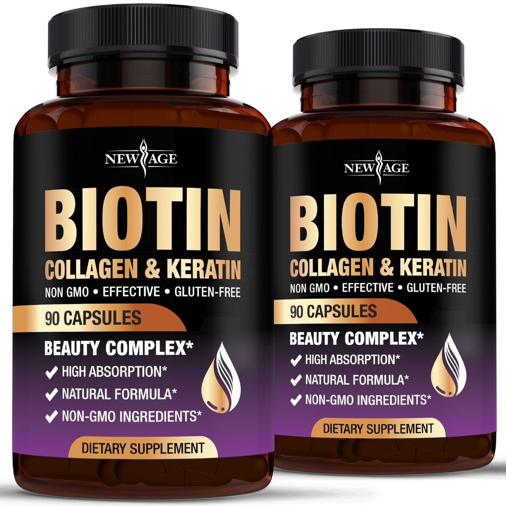 NOUVEAU AGE Biotine Collagène Kératine Acide Hyaluronique - Vitamines de croissance capillaire de 50 000 mcg pour les hommes et les femmes, les ongles, les cheveux, les vitamines de la peau et le blocage DHT avec vitamine E Acide folique Graine de citrouille MSM- 180 Compte