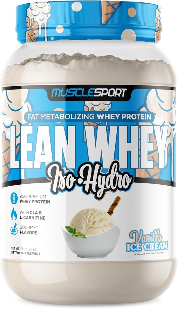 Poudre de protéines de Lean Whey RevolutionTM de Musclesport - Isolation de protéines de Whey - Faible teneur en calories, faible teneur en glucides, faible teneur en gras, colorants incroyables - 25g de protéines par scoop (2LB, Vanille)