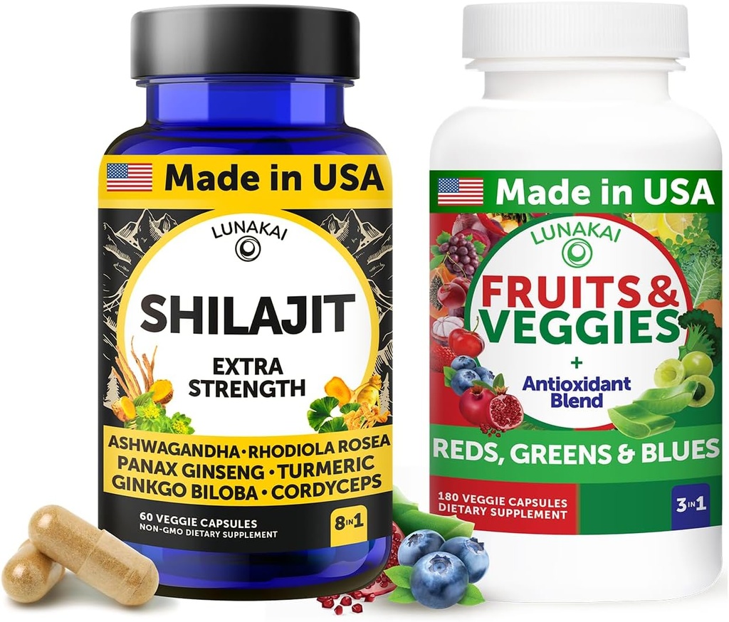 Lunakai USA produit Shilajit & Superfood Fruits & Veggies Supplément avec Ashwagandha, Rhodiola, Cordyceps et 4 mélanges pour l'énergie et le bien-être