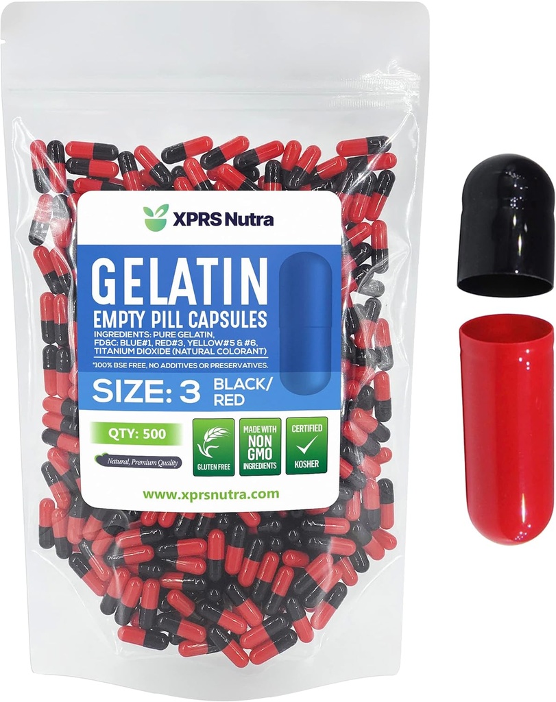 XPRS Nutra Taille 3 Capsules vides - 500 Compte Capsules de gélatine vides - Pills Bricolage Capsule Remplissage - Pure Pilule Gel Caps rempli Do-It-Youlf Vitamines et suppléments (Noir/Rouge)