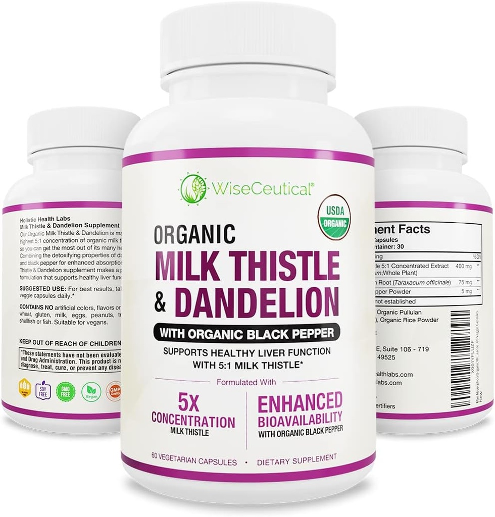 Max Absorption USDA Organic Milk Thistle Potent 5:1 Concentrated Extract (2000mg Strength) & Organic Dandelion Root | Silymarin Antioxidant Flavonoid | Liver Support Supplement (60 Count (Pack of 1))