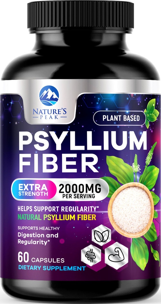 Supplément de fibre de mousse de Psyllium 1500mg - Prébiotique végétalien, fibre soluble pour la santé quotidienne digestive et le soutien de la régularité, bouchons de poudre de Psyllium naturel, sans sucre, sans OGM et sans gluten - 60 capsules