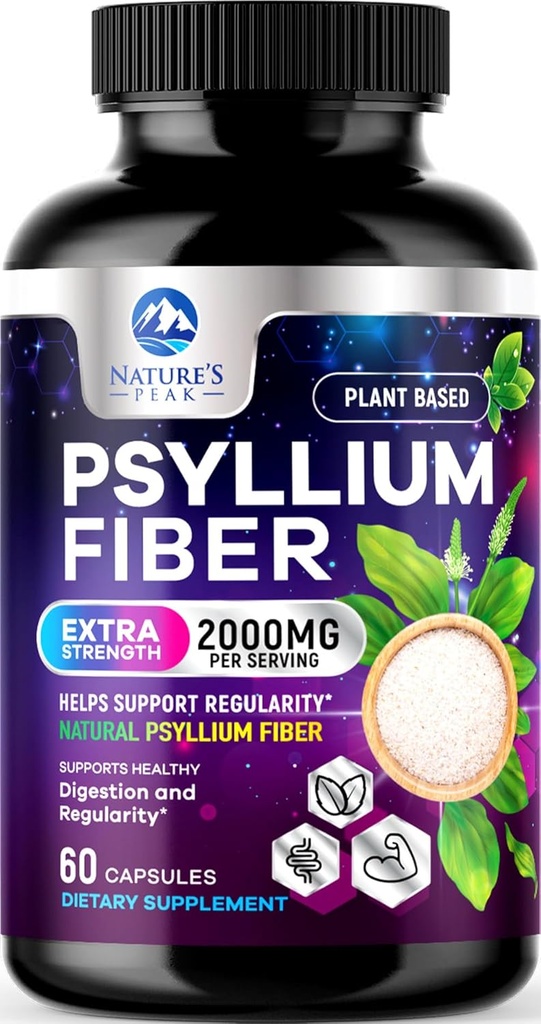 Supplément de fibre de mousse de Psyllium 1500mg - Prébiotique végétalien, fibre soluble pour la santé quotidienne digestive et le soutien de la régularité, bouchons de poudre de Psyllium naturel, sans sucre, sans OGM et sans gluten - 60 capsules