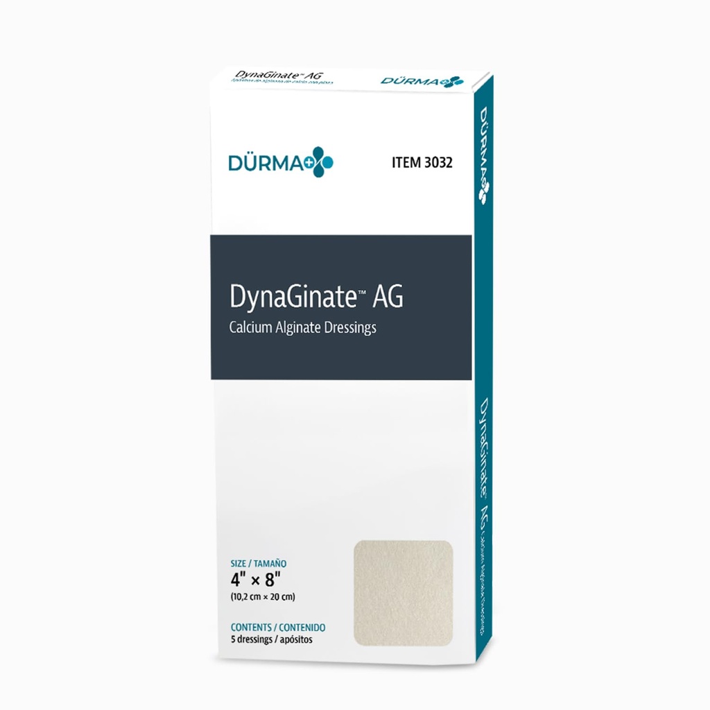 Dynarex Dürma+ DynaGinate™ AG Silver Calcium Alginate Dressing, Sterile, Gel Forming, Highly Absorbent, Provides Recovery Support, 4" x 8", 5 per Box