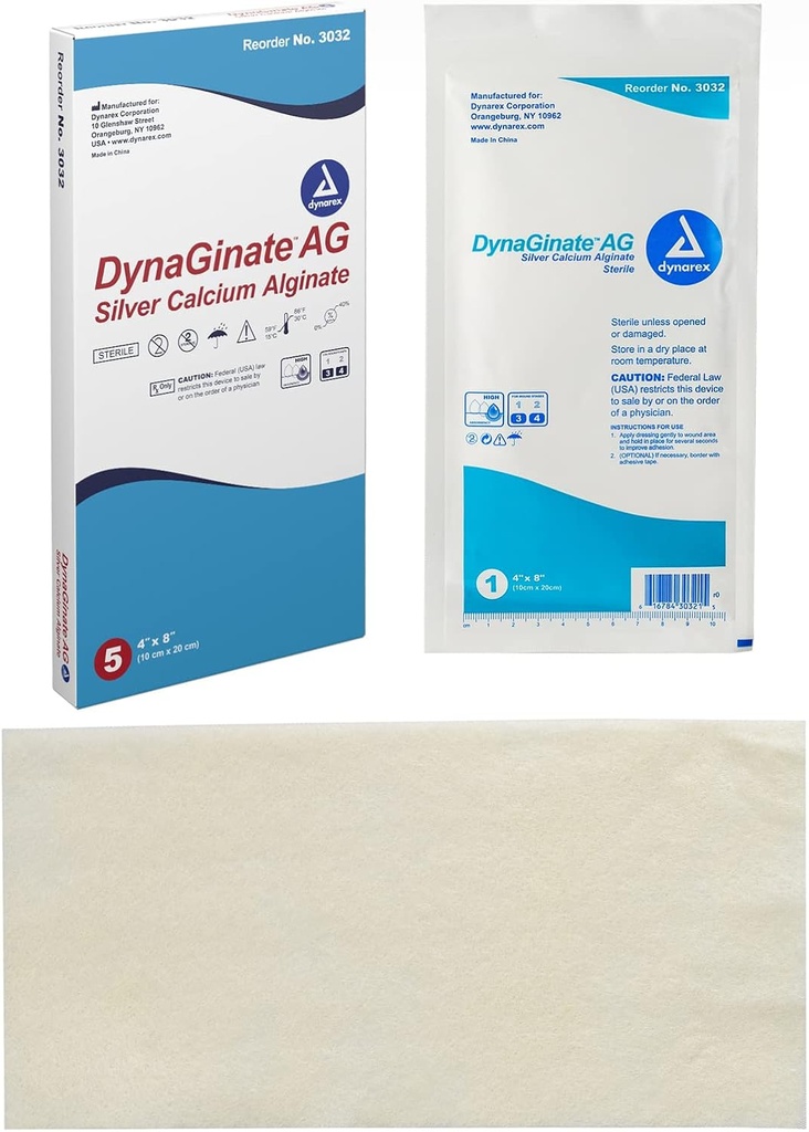 Dynarex DynaGinate AG Dressings Alginate Calcium Argent - 4"x8", Calcium Alginate Wound Dressing with Silver Ions, 1 Cas de 50 DynaGinate AG Dressings - 4"x8" - 1 Boîte de 5