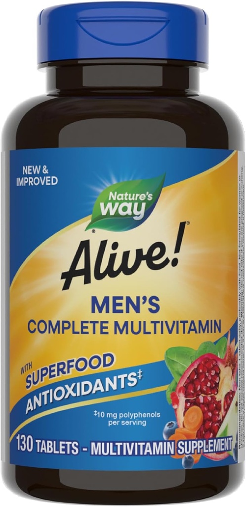 La nature est vivante ! Multivitamine quotidienne complète pour hommes, soutient le métabolisme énergétique et la fonction musculaire*, avec des vitamines B, sans gluten, 130 comprimés (paquetage mai vary)
