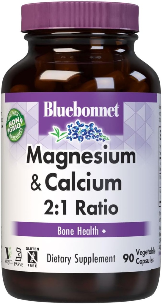 Bluebonnet Nutrition Magnésium & Calcium 2:1 Rapport, Bone Health*, Non-OGM, Vegan, Casher certifié, sans gluten, sans soja, sans lait, 90 capsules végétales, 30 portions