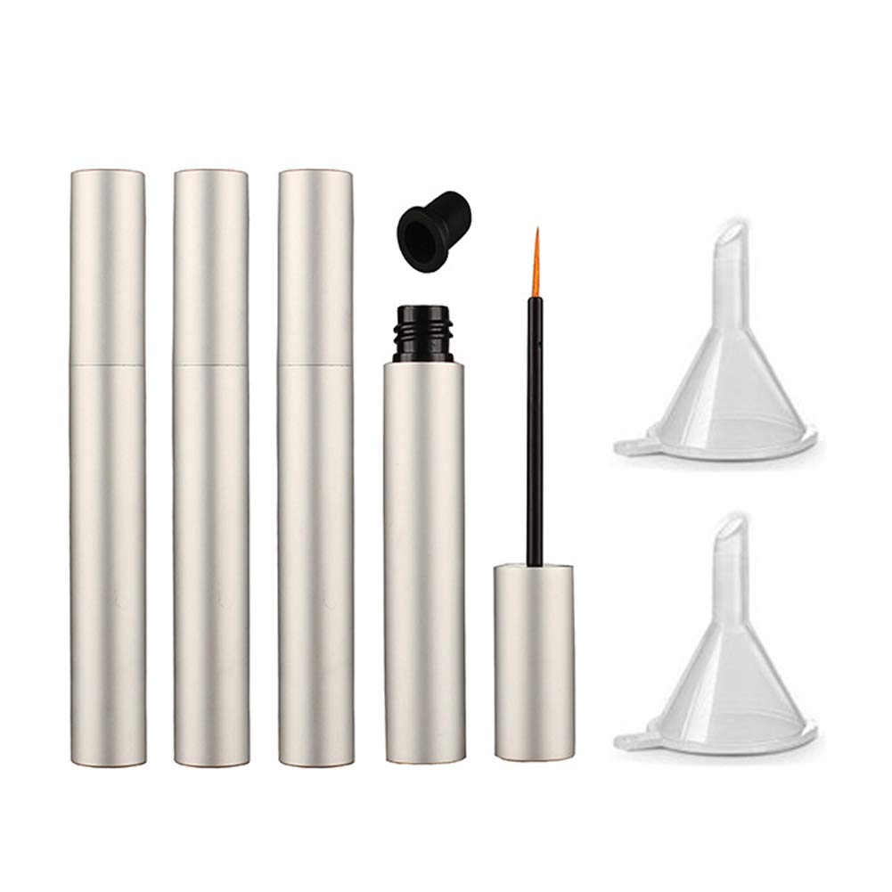 lasenersm 4 pièces 5ml aluminium vide Eyeliner Tubes Rechargeable croissance cils Bouteille liquide en plastique Eyeliner Tube avec brosse Eyelash croissance huile Mascara Tube avec 2 mini entonnoirs, Matte-Silver