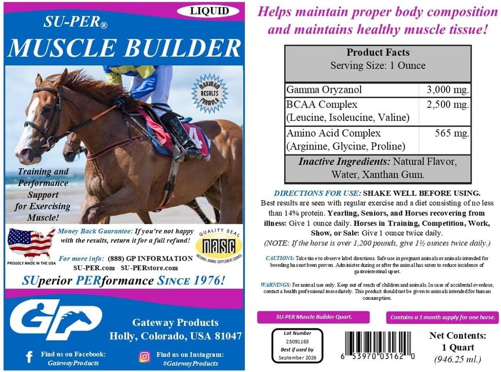 SUPER Muscle Builder Horse Supplément - Formation et support de performance pour l'exercice musculaire - 1 Gallon + pompe