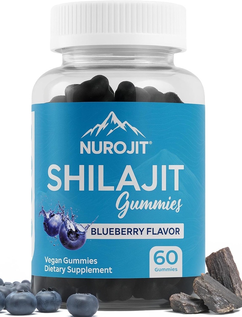Gummies Shilajit, Blueberry Flavor, Extrait himalayen, laboratoire testé, non-OGM, sans gluten, végétalien ami, mess-libre alternative à la résine, ajout simple à la routine quotidienne, 60 Gummies végétaliens