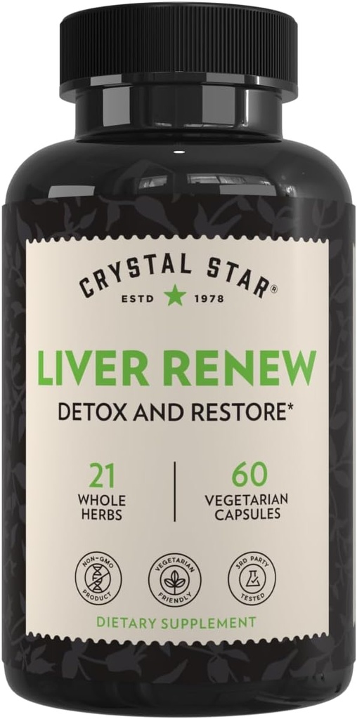 Crystal Star foie Renew, 60 capsules, supplément de nettoyage du foie à base de plantes qui soutient la fonction normale du foie et favorise la libération de toxines - chardon de lait, non-OGM