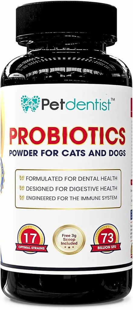 Probiotiques pour chiens et chats 17 souches bactériennes 73 milliards d'UFC Suppléments en poudre pour chiens Soins dentaires Santé Mauvaise digestion des chiens Coat de peau et soutien immunitaire -90g