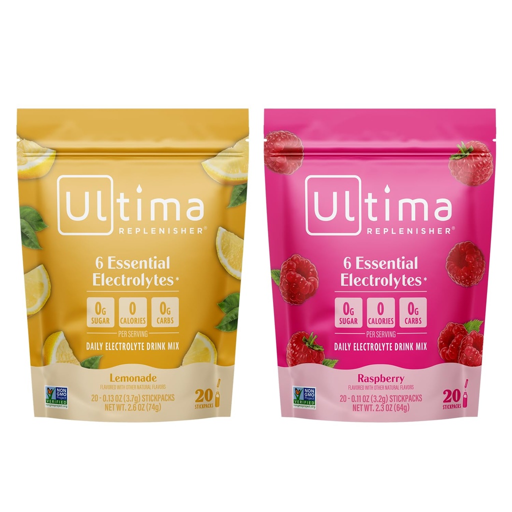 Ultima Replenisher Electrolyte Powder Bundle Mix – Sans sucre – Cimonade et framboise, 20 Stickpacks – 6 Electrolytes et Minéraux – Keto Friendly, Vegan, Non-OGM