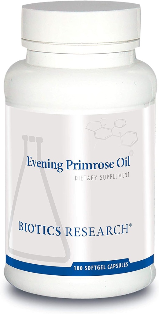 Recherche en biotique Huile de Primrose Potent Gamma Acide linolénique Source GLA, acide linoléique, réponse corporelle saine et équilibrée, cardiovasculaire, neurologique, peau, santé des femmes. 100 softgels
