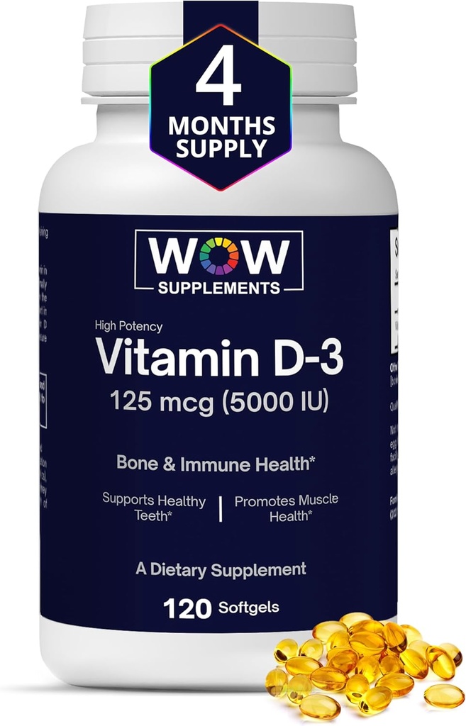 WOW Supplements Vitamin D3 5000 IU Softgels, 125 mcg - Vitamin D3 5000IU Supplement for Strong Bones and Immune Support - Non-GMO, Gluten Free Vitamin D 5000 IU - VIT D3 5000 IU Softgels - 120 Count