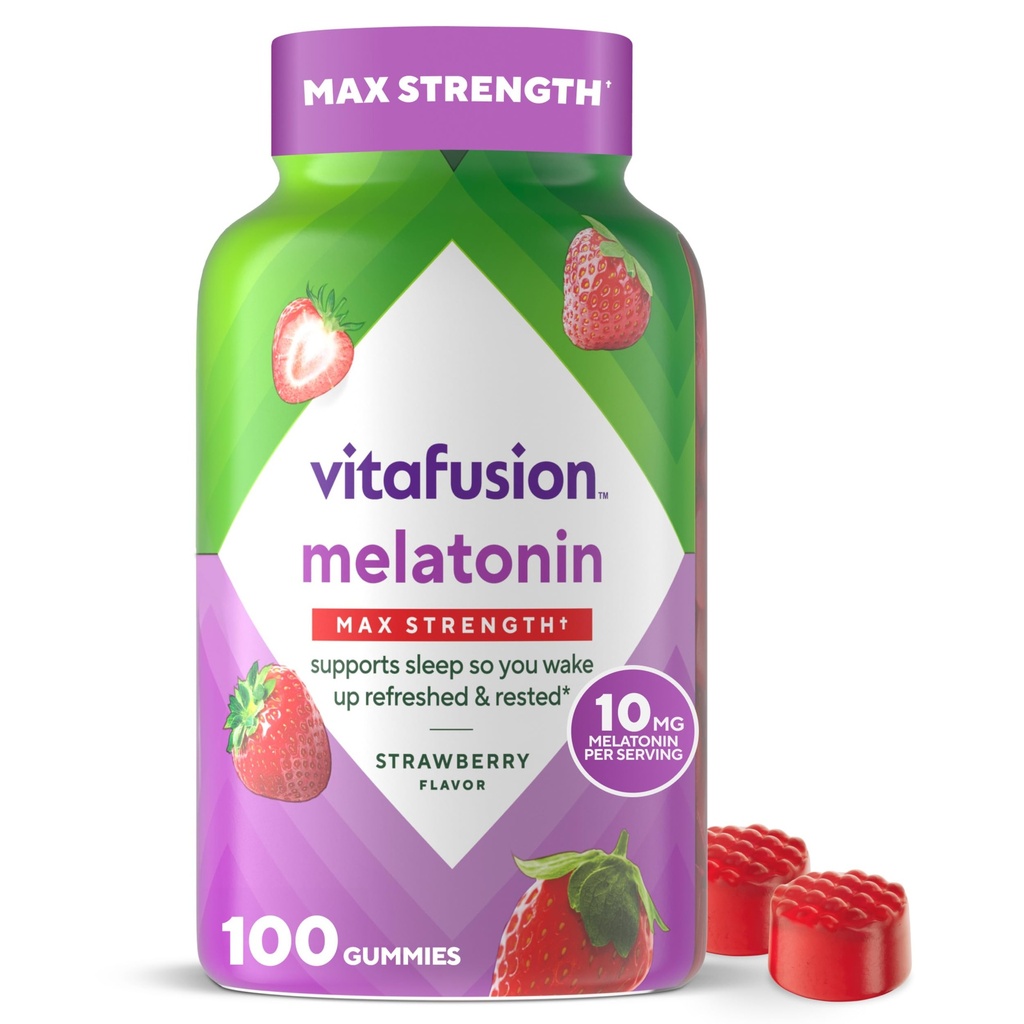 vitafusion Max Strength 10 mg Mélatonine Gommies, Aromatisés aux fraises, Supplément de vitamine Gummy à la mélatonine adulte, 100 Compte, 50 jours d'approvisionnement