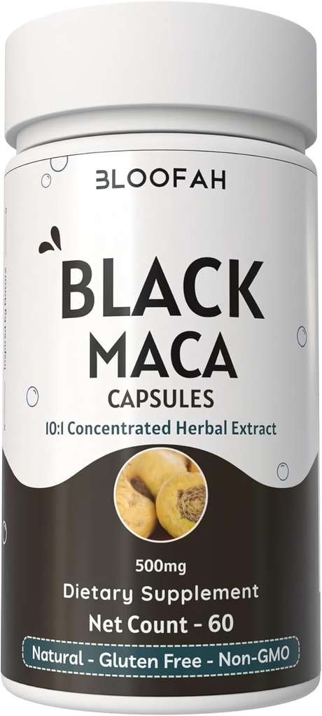 Capsules de maca noire 500mg de poudre d'extrait de 10:1 de supplément concentré à base de plantes (60 Nombre (paquet de 1))