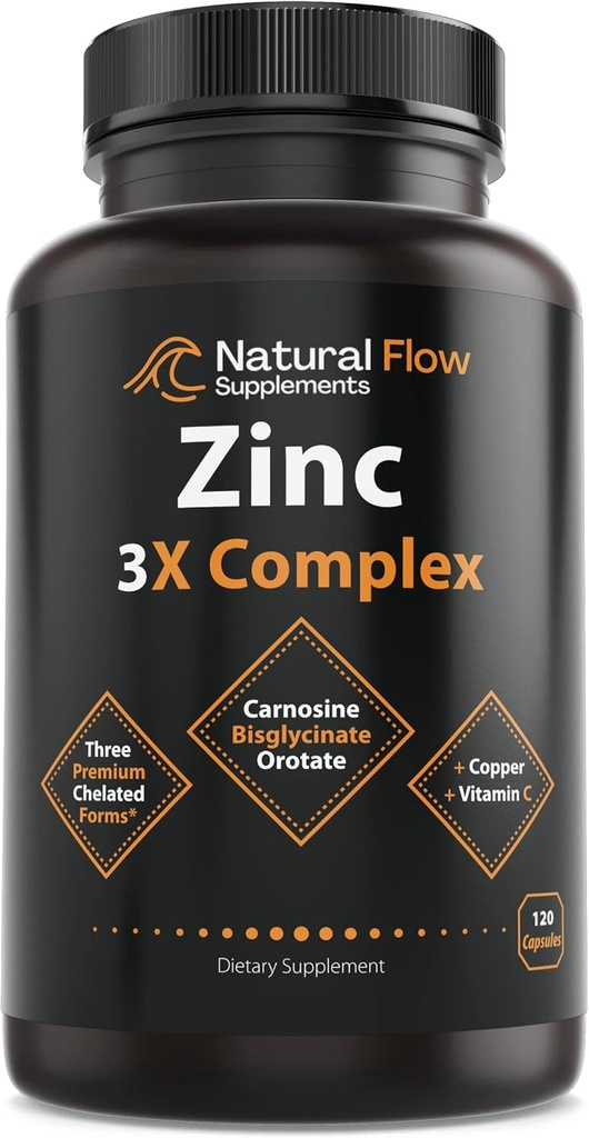 Complexe de supplément de zinc avec du cuivre et de la vitamine C - Débit naturel de la carnosine de zinc 3X, du chélate de bisglycinate et de l'orotate, du cuivre de zinc chélaté, facile sur l'estomac, la peau et le support immunitaire, 120 capsules