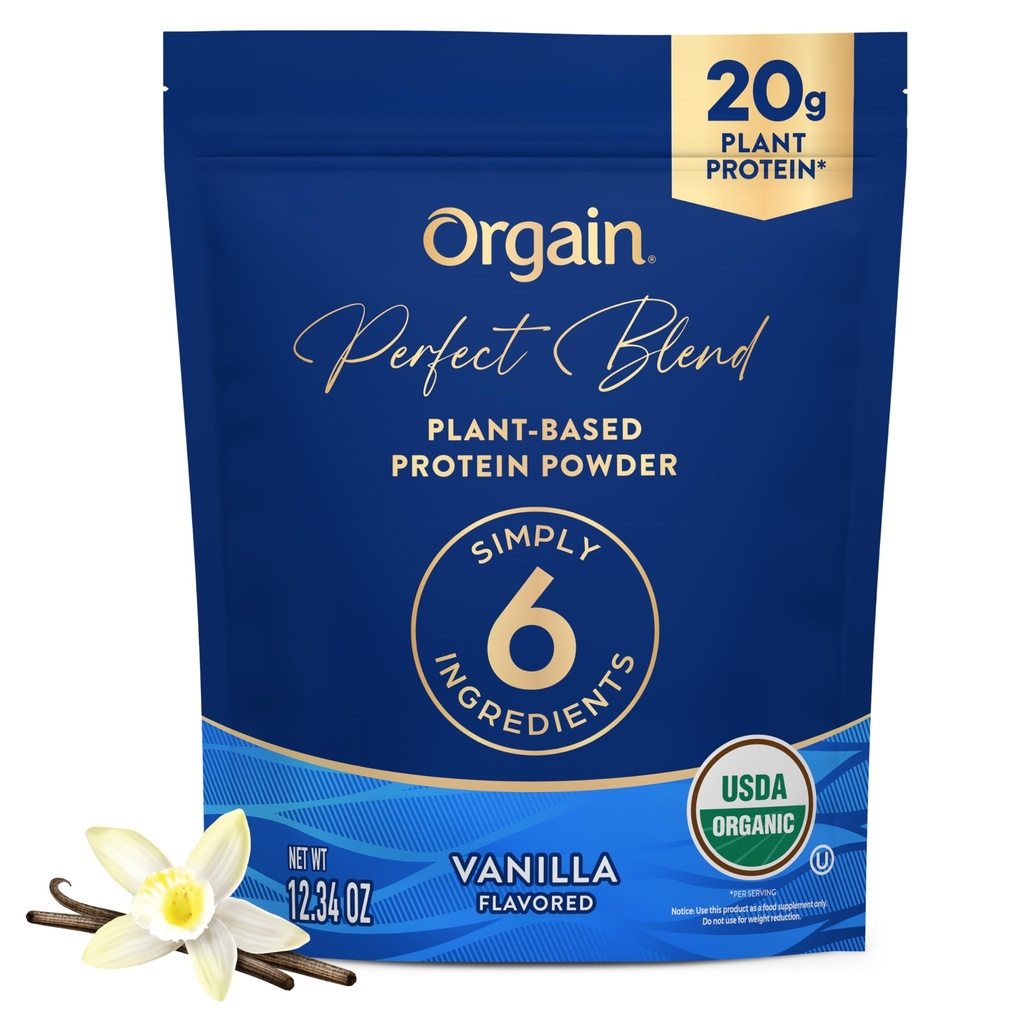 Orgaine Bio Vegan Perfect Blend Protéines Poudre, 20g Protéines végétales propres, 6 ingrédients, <1g Sucre, sans gluten, non-OGM; Pas d'arôme artificiel, extrait de Stevia, ingrédients laitiers ou de soja- Vanille